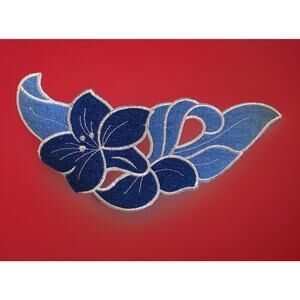 Flowers Denim Flower Over Light Blue Leaves Iron On Applique Patch 7.75"x 3.25"